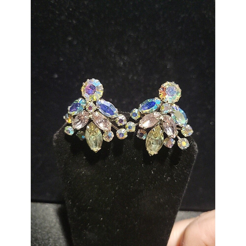 Authentic Judith McCann Wingback Aurora Borealis Earrings Marked Blue Gold Vtg